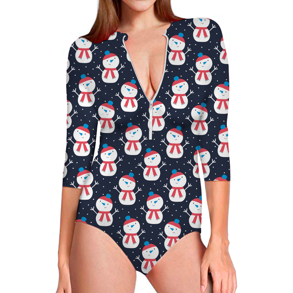 Cute Snowman Pattern Print Long Sleeve One Piece Swimsuit