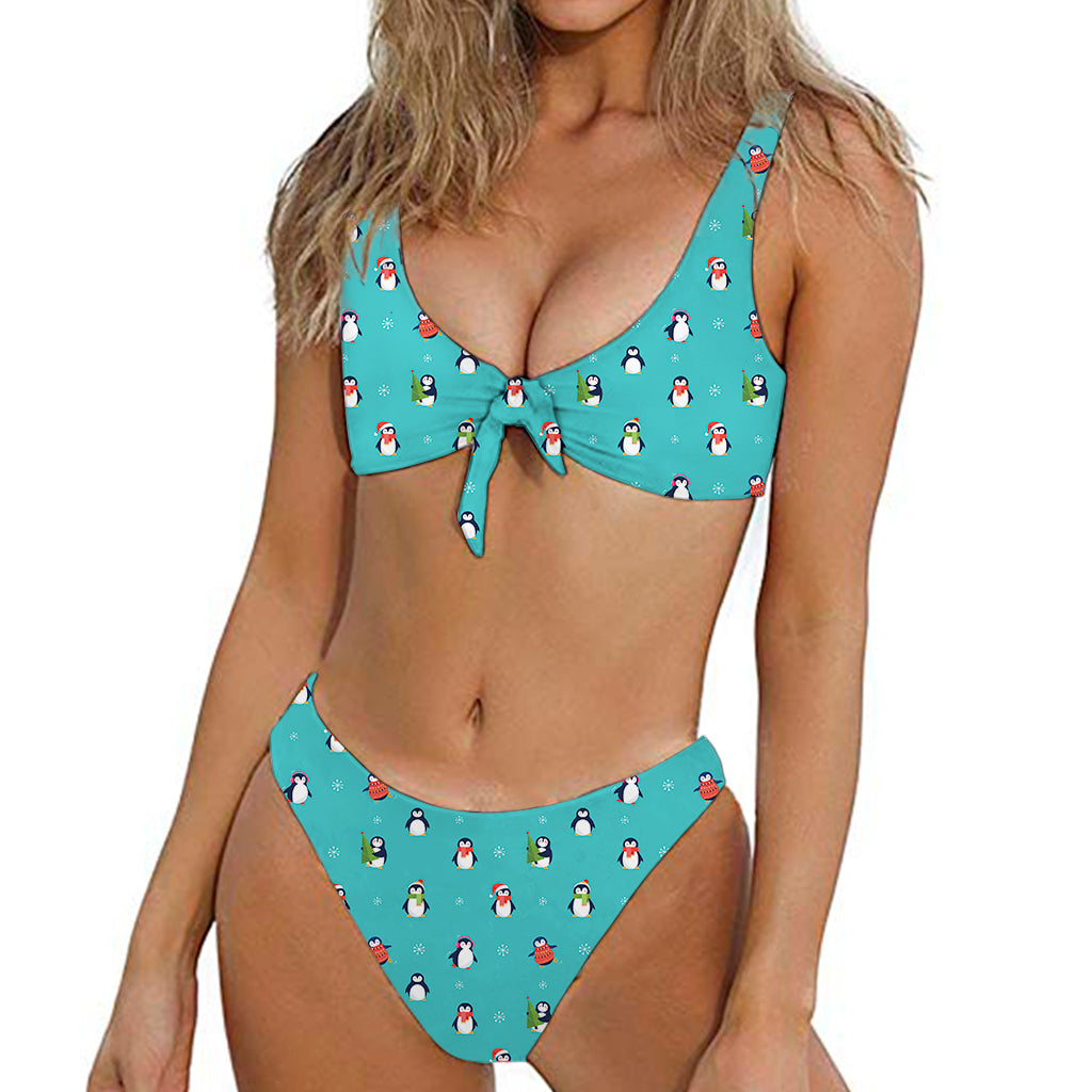 Cute Snowy Penguin Pattern Print Front Bow Tie Bikini