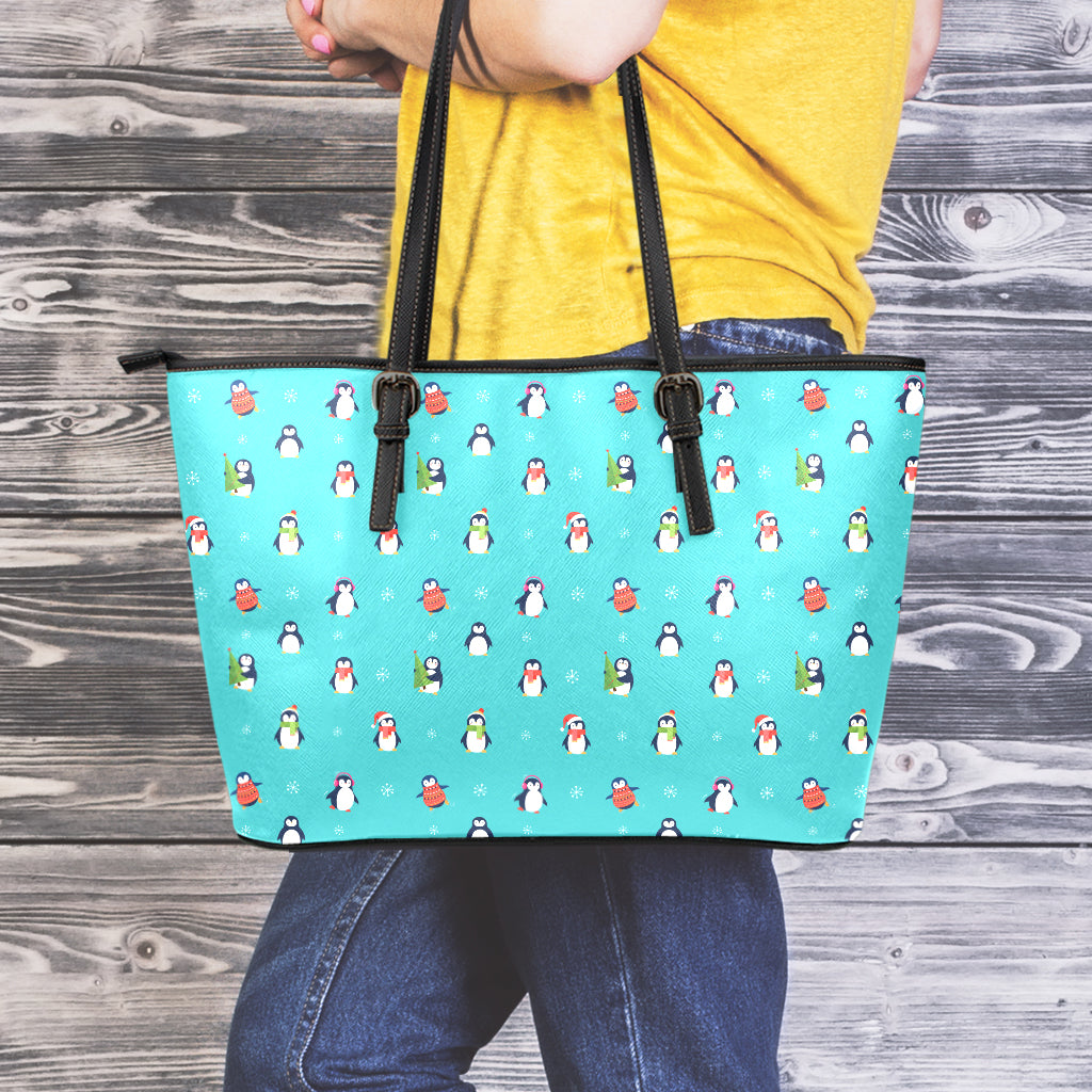 Cute Snowy Penguin Pattern Print Leather Tote Bag