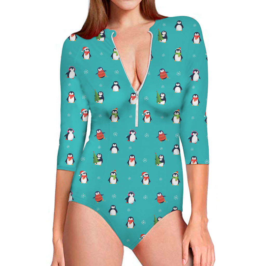 Cute Snowy Penguin Pattern Print Long Sleeve One Piece Swimsuit