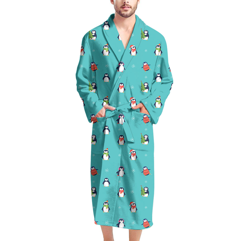 Cute Snowy Penguin Pattern Print Men's Bathrobe