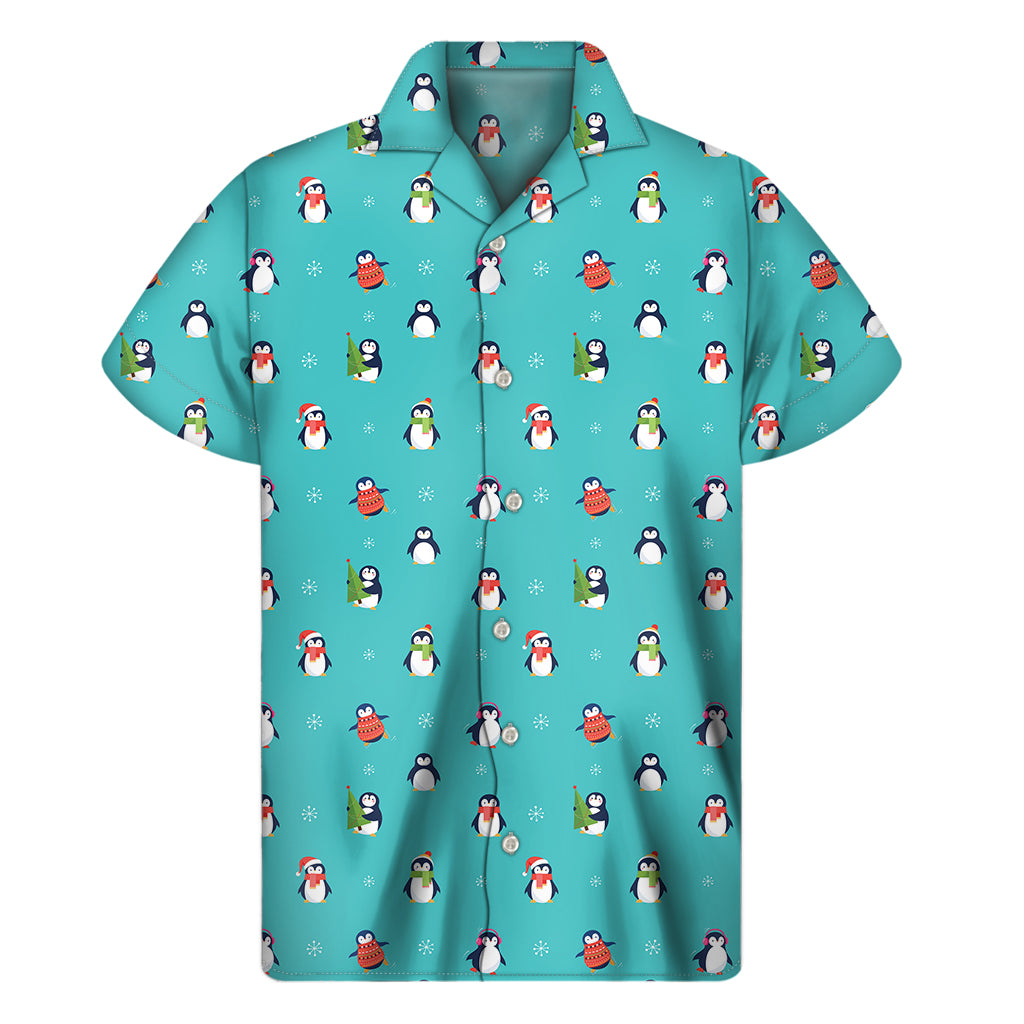 Cute Snowy Penguin Pattern Print Men's Short Sleeve Shirt