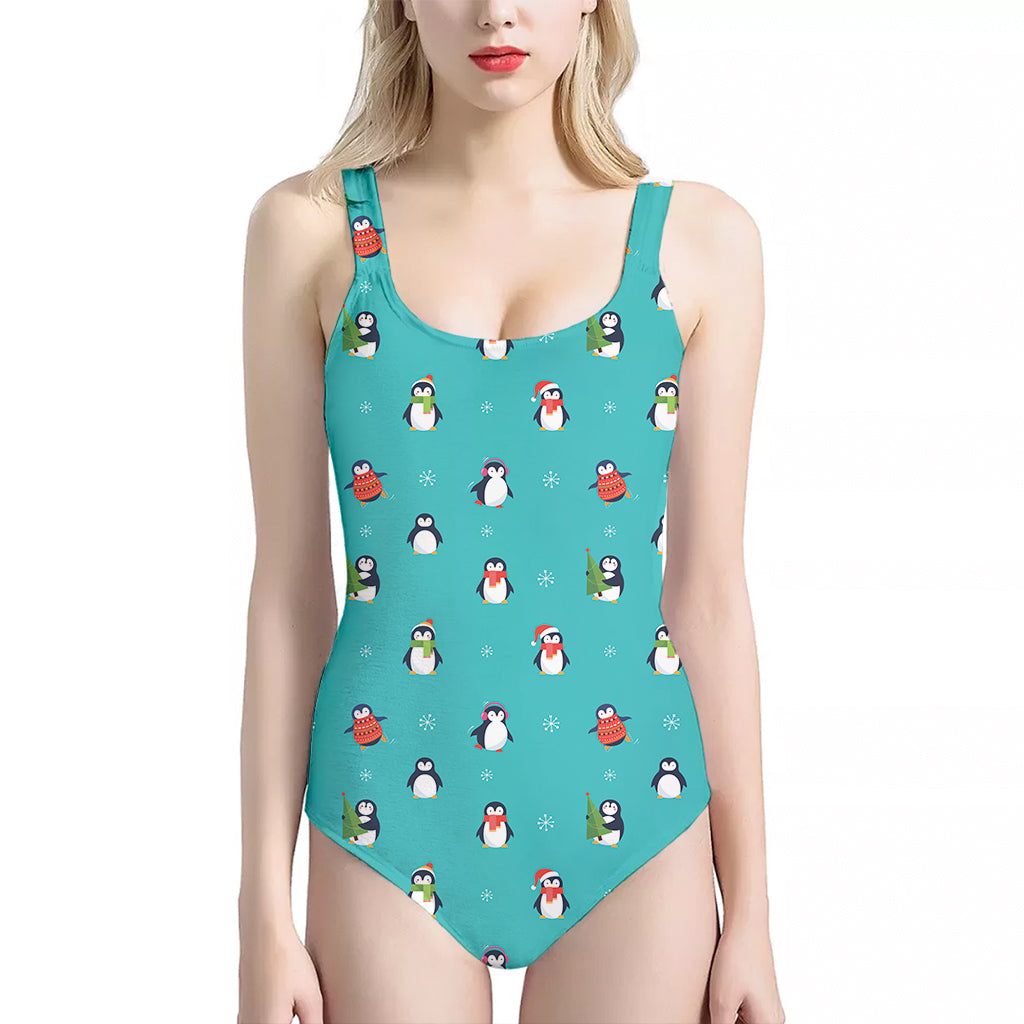 Cute Snowy Penguin Pattern Print One Piece Halter Neck Swimsuit