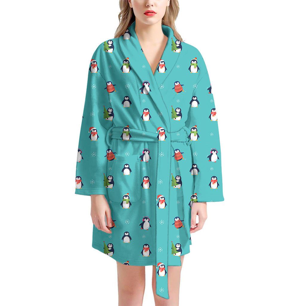 Cute Snowy Penguin Pattern Print Women's Bathrobe