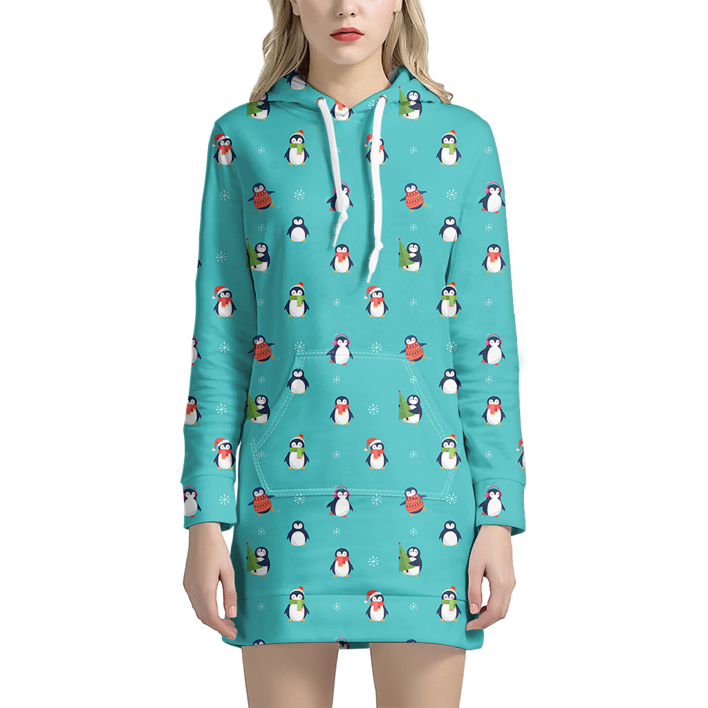 Cute Snowy Penguin Pattern Print Women's Pullover Hoodie Dress