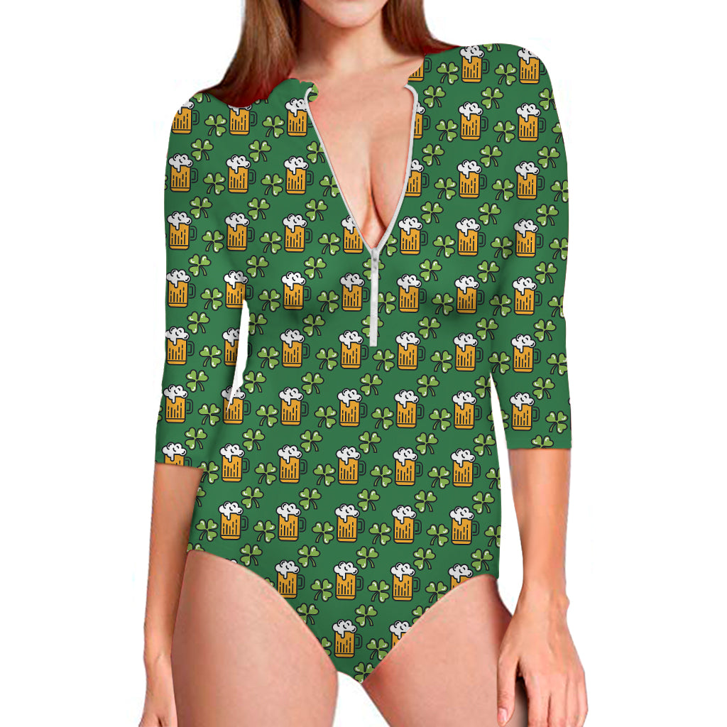 Cute St. Patrick's Day Pattern Print Long Sleeve One Piece Swimsuit