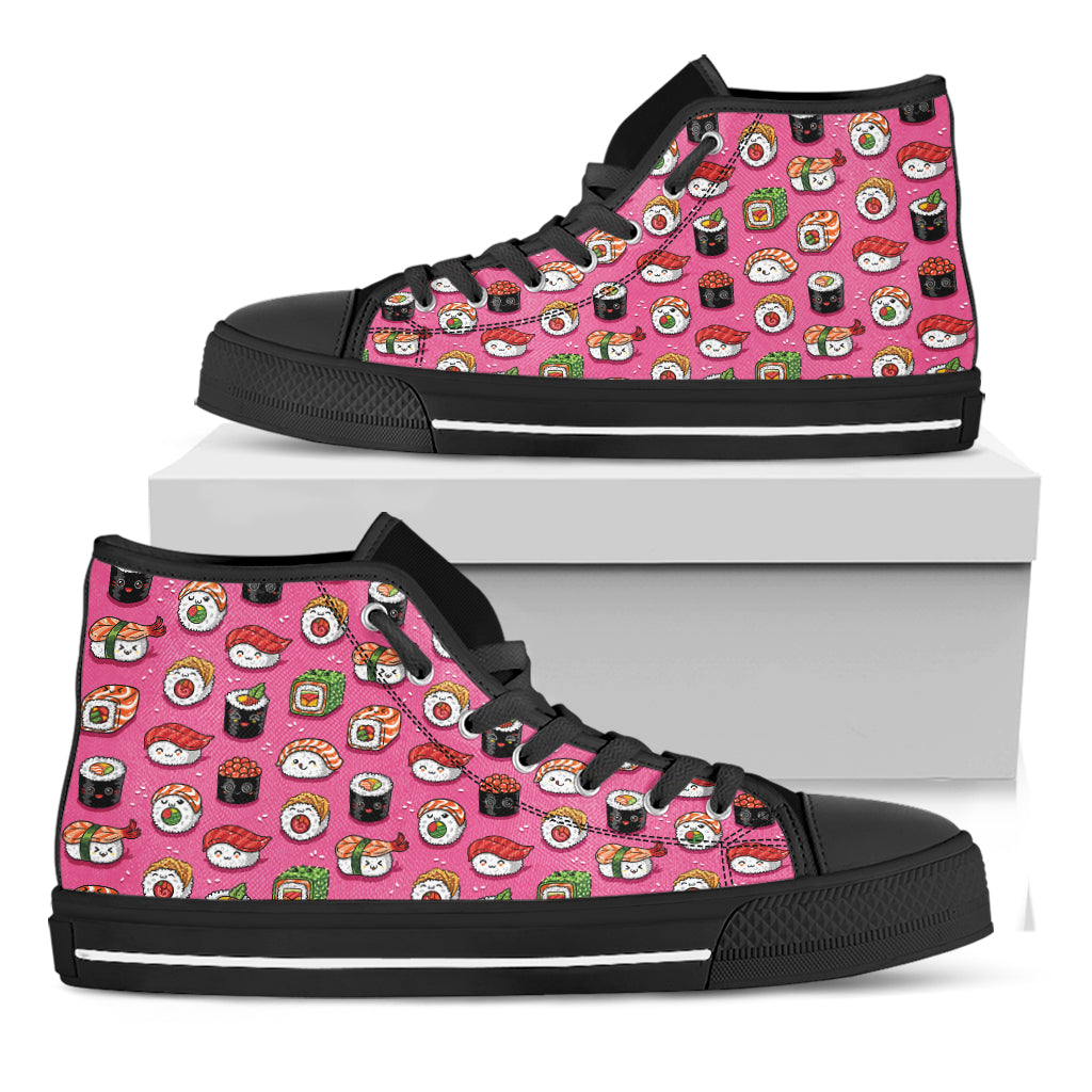 Cute Sushi And Rolls Pattern Print Black High Top Shoes