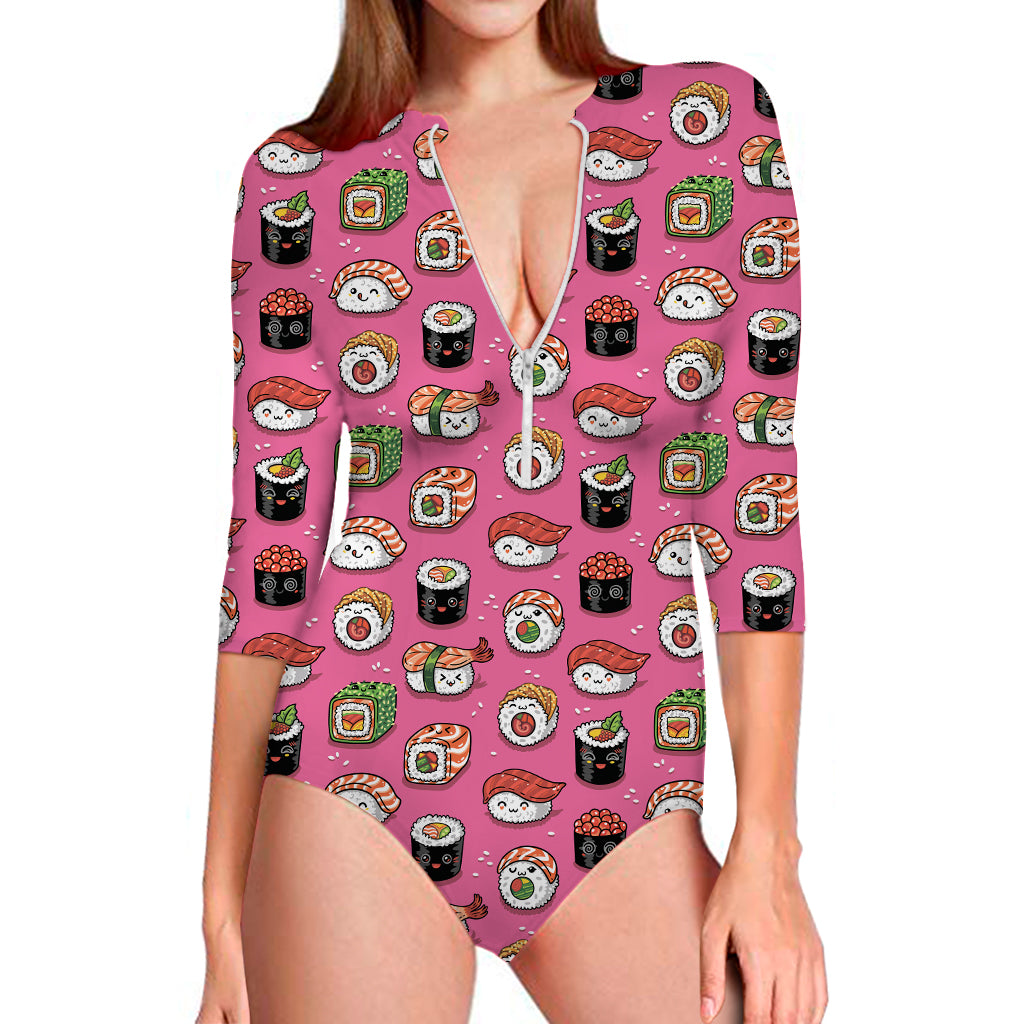 Cute Sushi And Rolls Pattern Print Long Sleeve One Piece Swimsuit