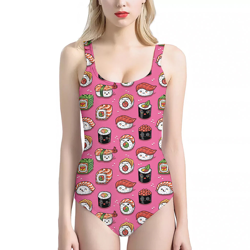 Cute Sushi And Rolls Pattern Print One Piece Halter Neck Swimsuit