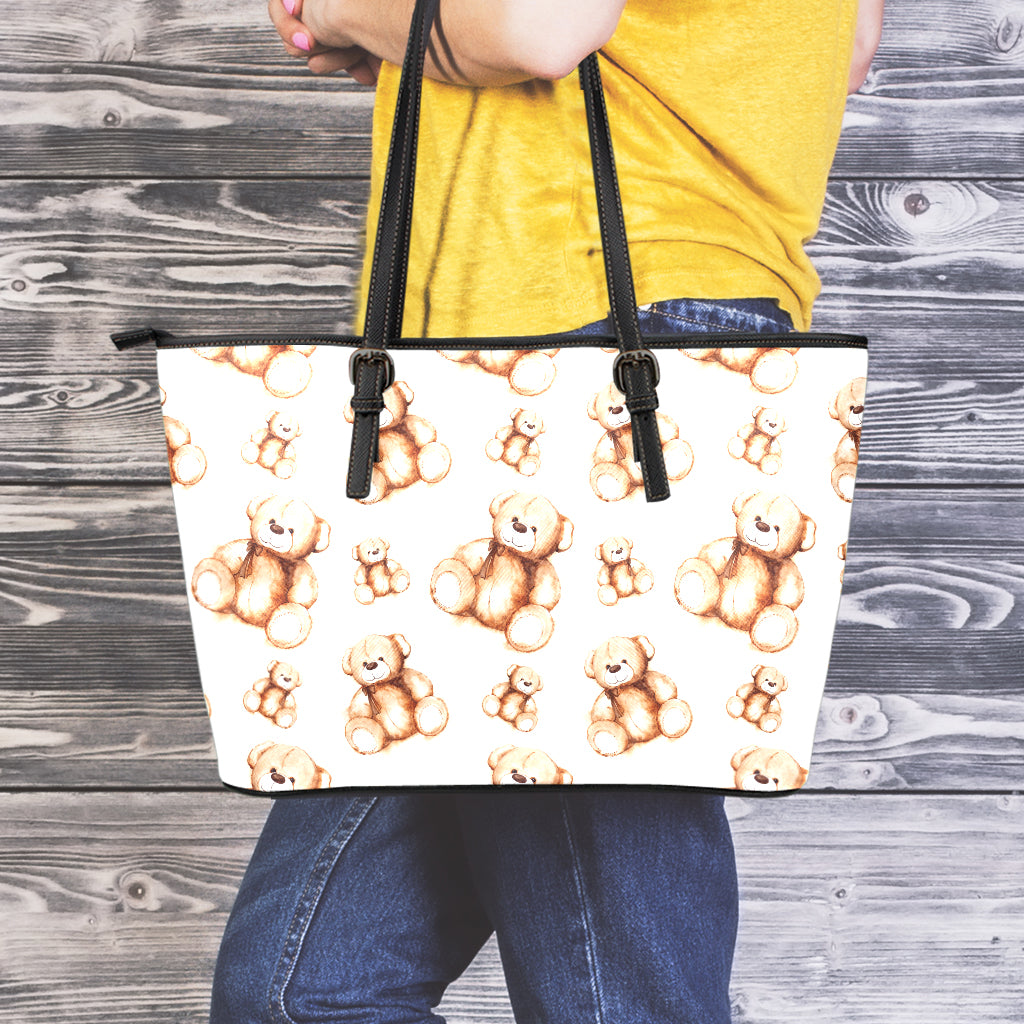 Cute Teddy Bear Pattern Print Leather Tote Bag