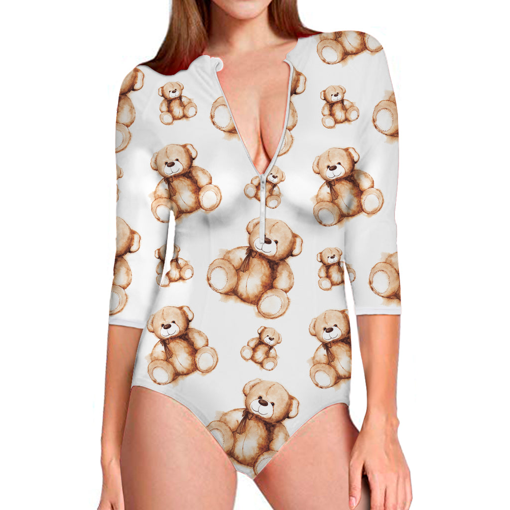 Cute Teddy Bear Pattern Print Long Sleeve One Piece Swimsuit