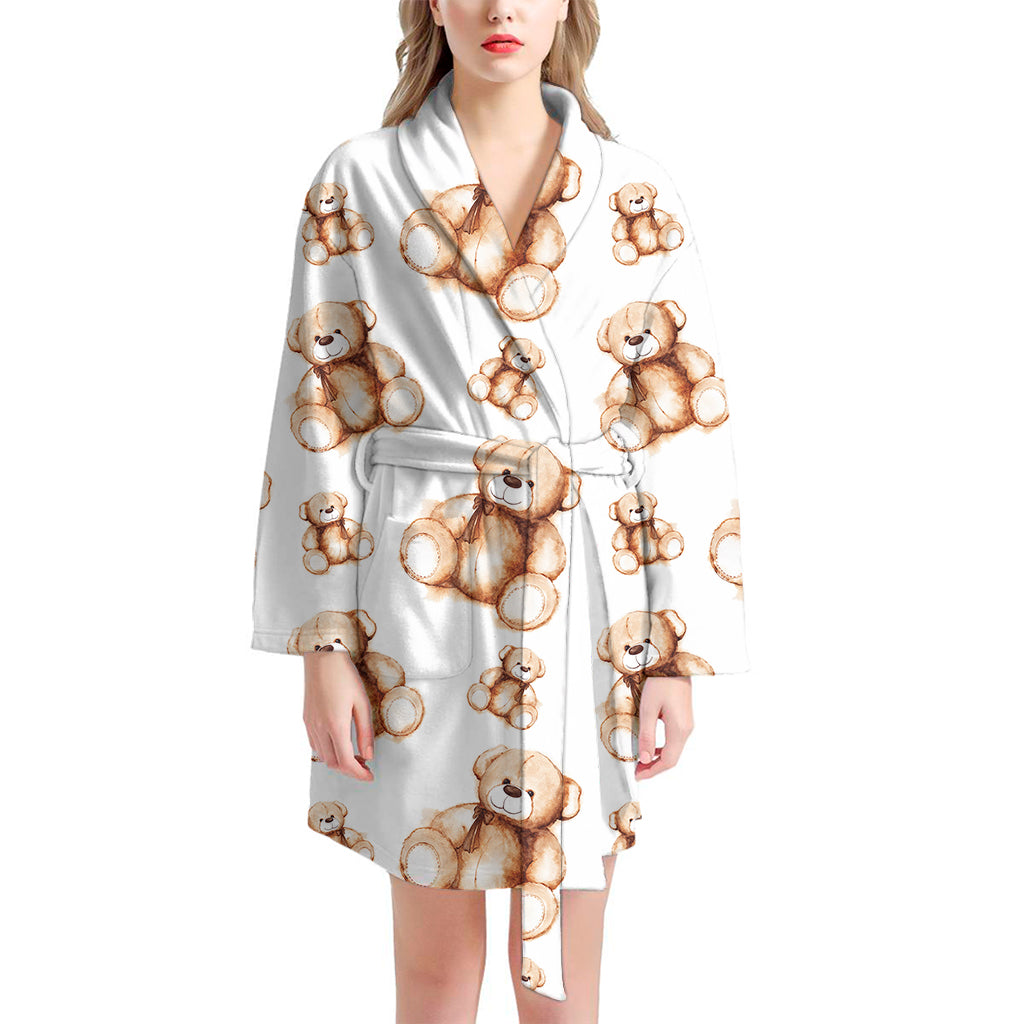 Cute Teddy Bear Pattern Print Women's Bathrobe