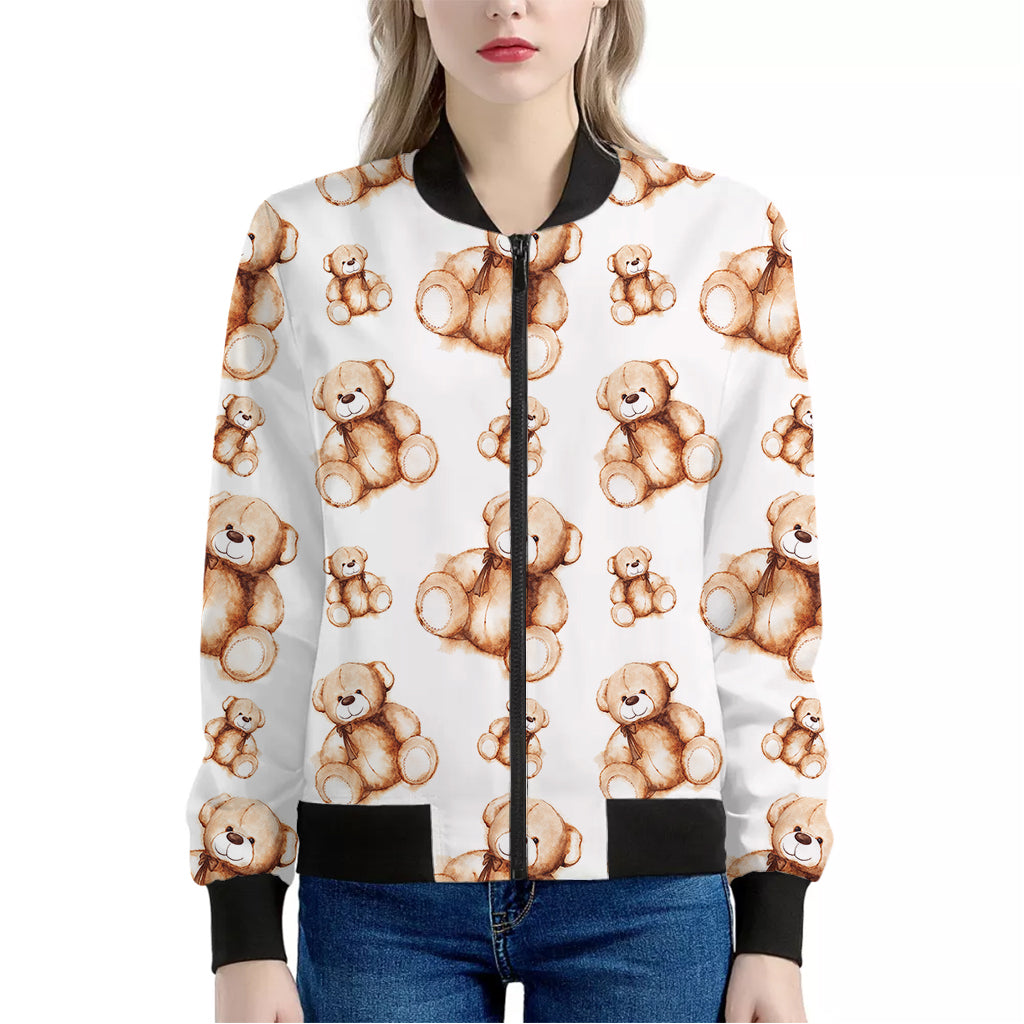 Cute Teddy Bear Pattern Print Women's Bomber Jacket