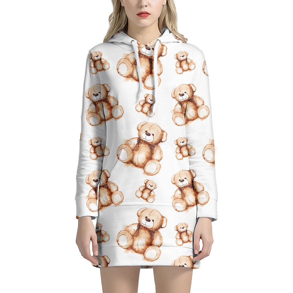 Cute Teddy Bear Pattern Print Women's Pullover Hoodie Dress