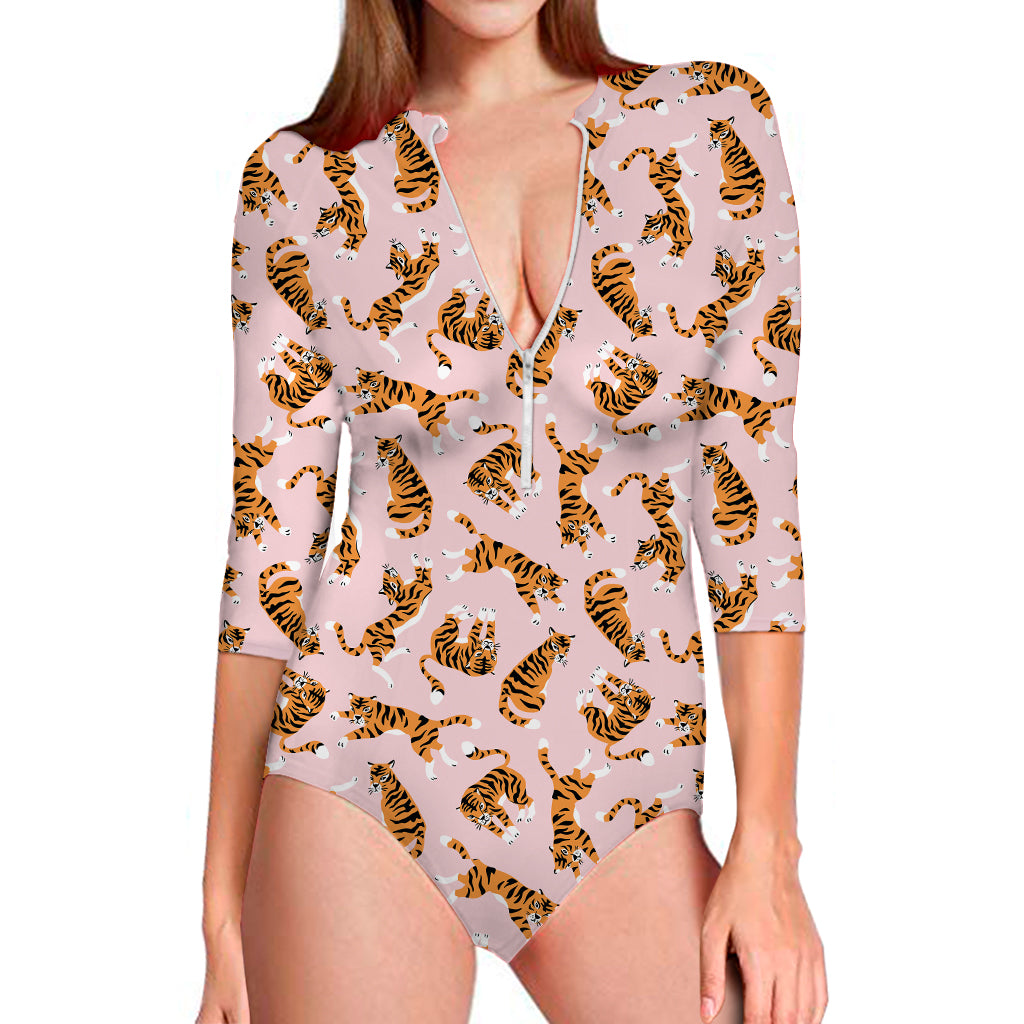 Cute Tiger Pattern Print Long Sleeve One Piece Swimsuit