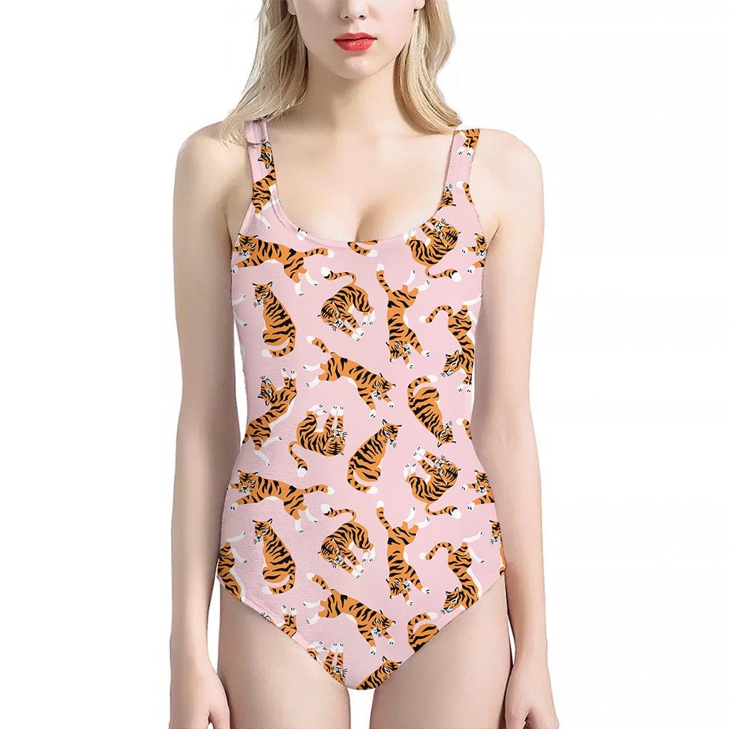 Cute Tiger Pattern Print One Piece Halter Neck Swimsuit