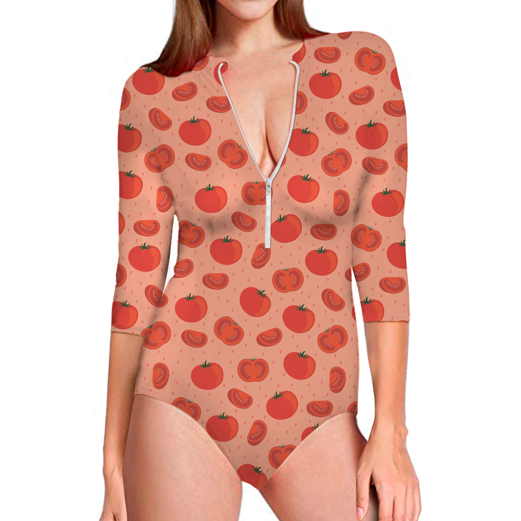 Cute Tomato Pattern Print Long Sleeve One Piece Swimsuit