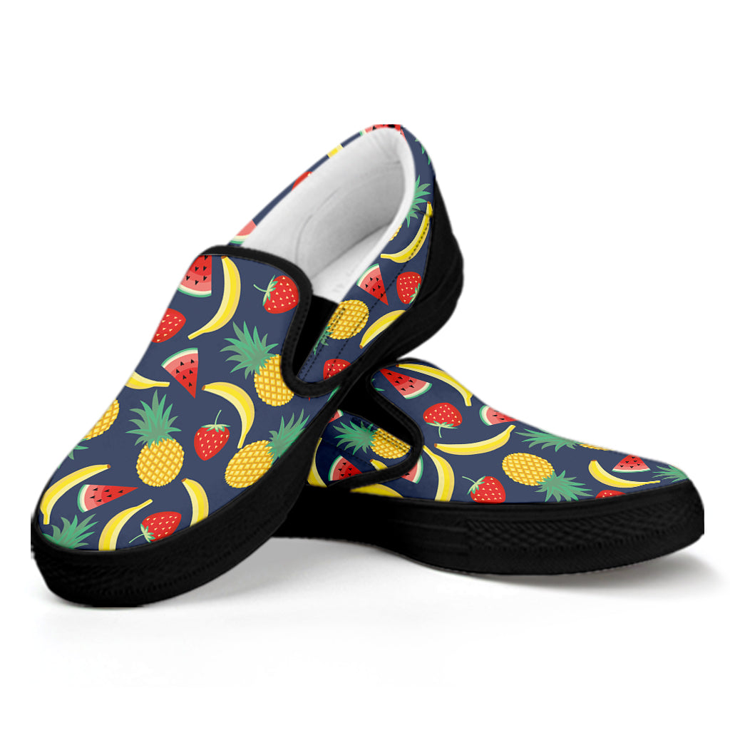 Cute Tropical Fruits Pattern Print Black Slip On Shoes