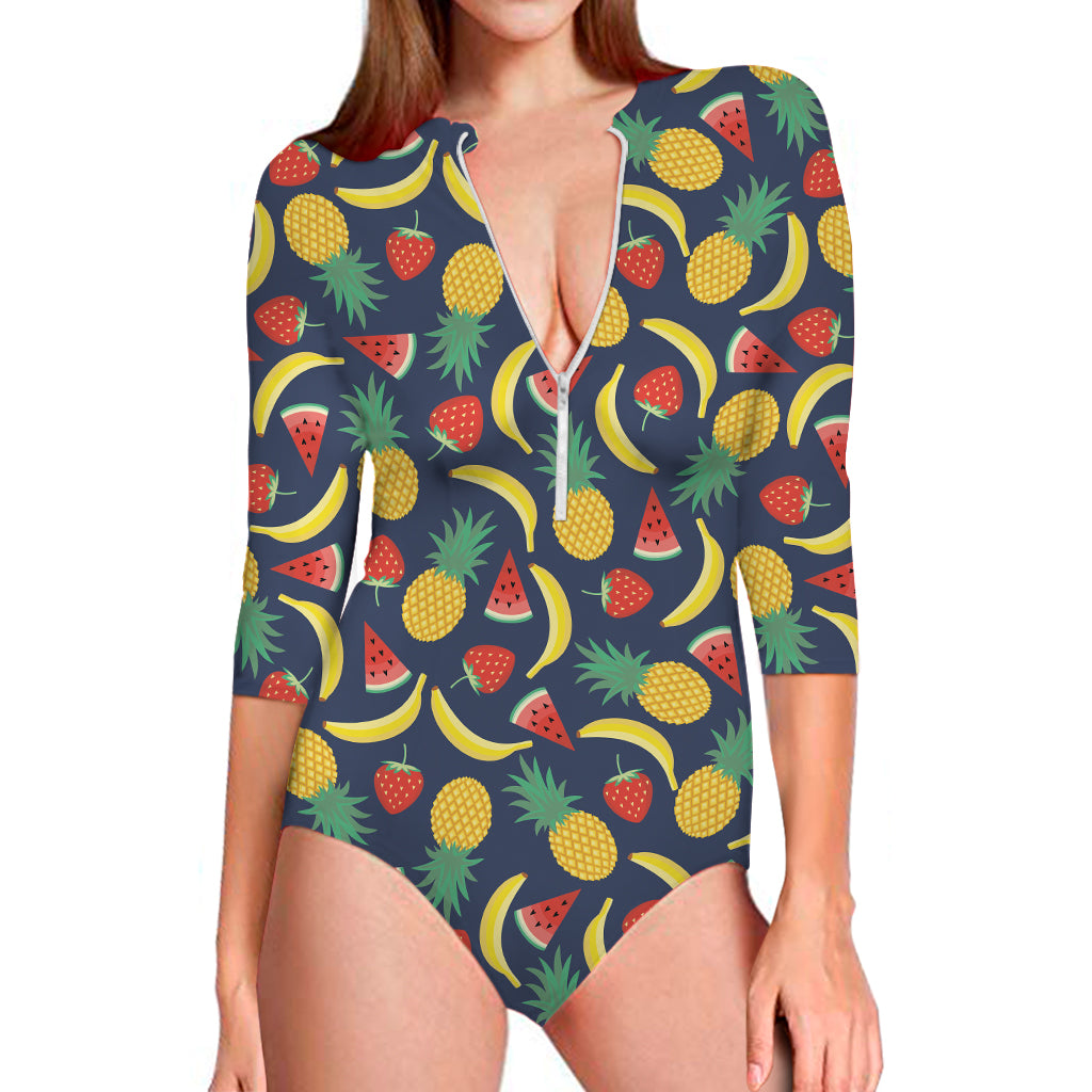 Cute Tropical Fruits Pattern Print Long Sleeve One Piece Swimsuit