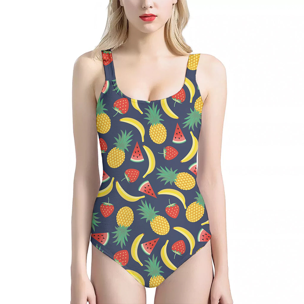 Cute Tropical Fruits Pattern Print One Piece Halter Neck Swimsuit