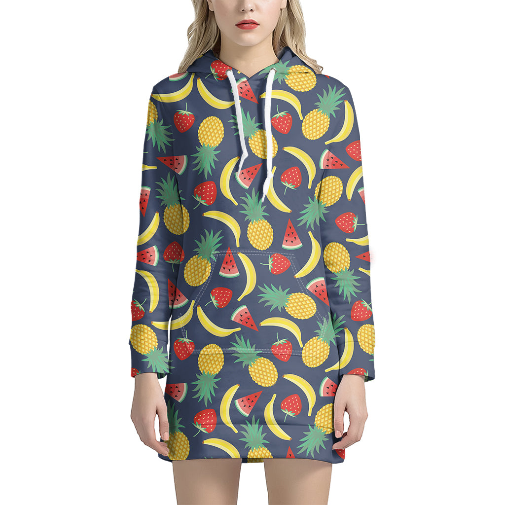 Cute Tropical Fruits Pattern Print Women's Pullover Hoodie Dress