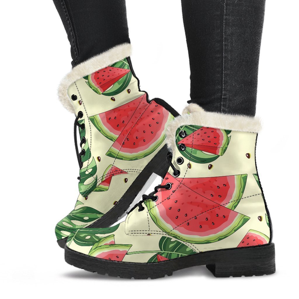 Cute Tropical Watermelon Pattern Print Faux Fur Leather Boots