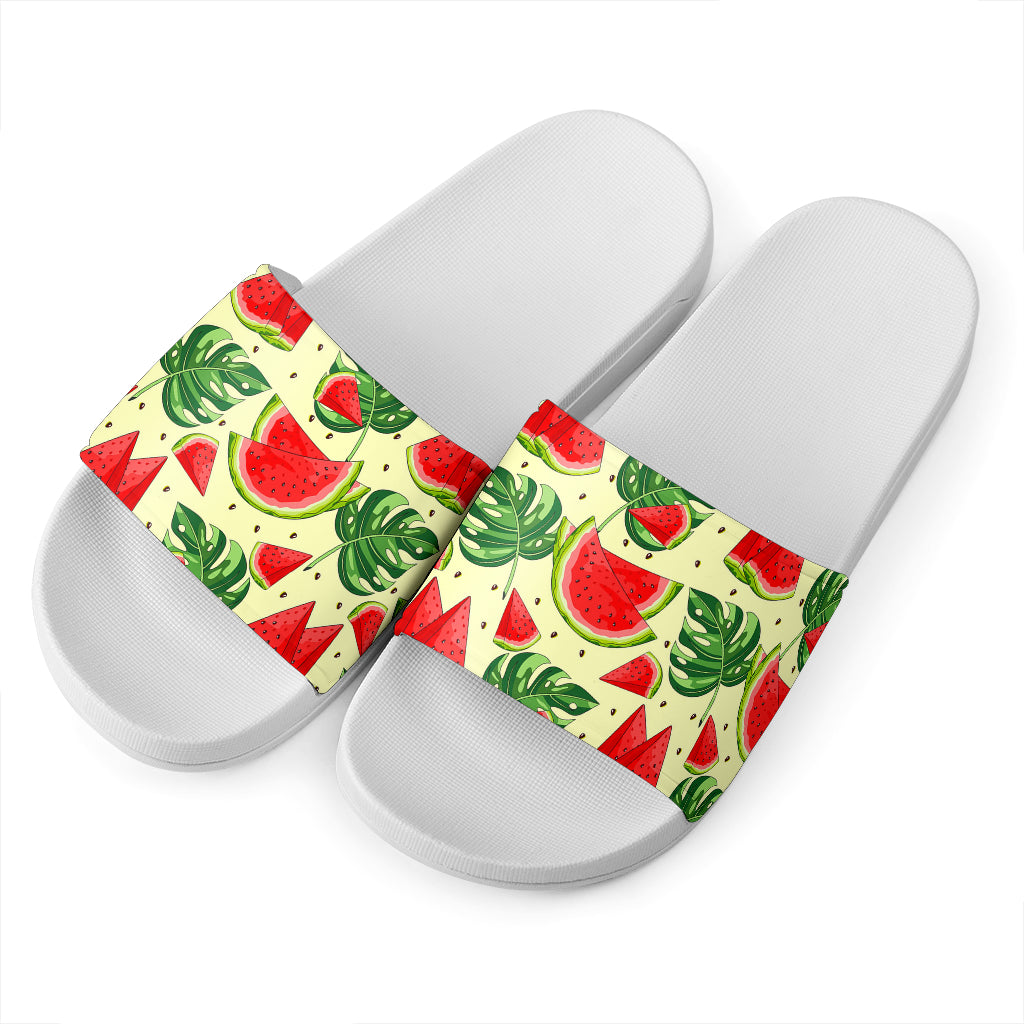 Cute Tropical Watermelon Pattern Print White Slide Sandals