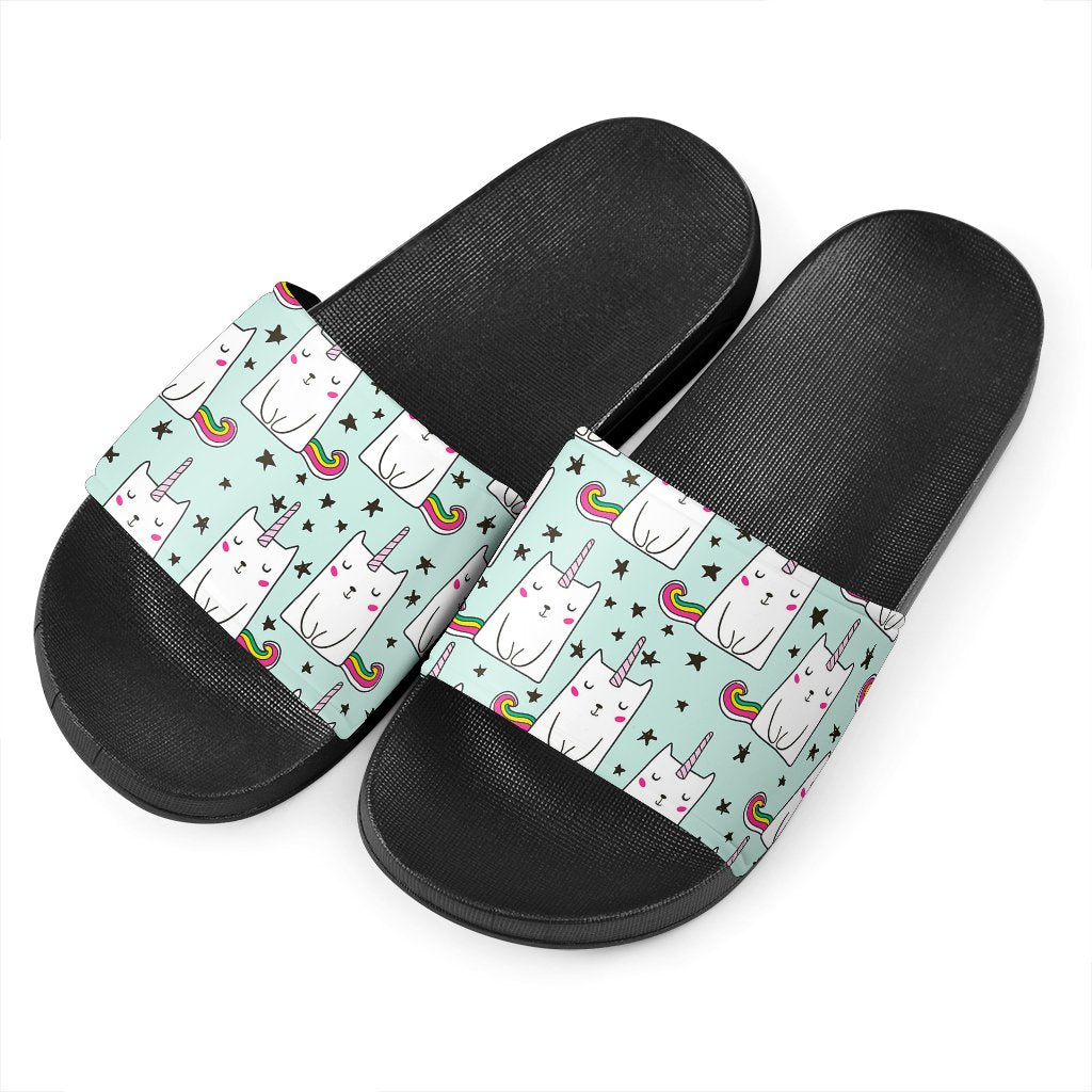 Cute Unicorn Cat Pattern Print Black Slide Sandals