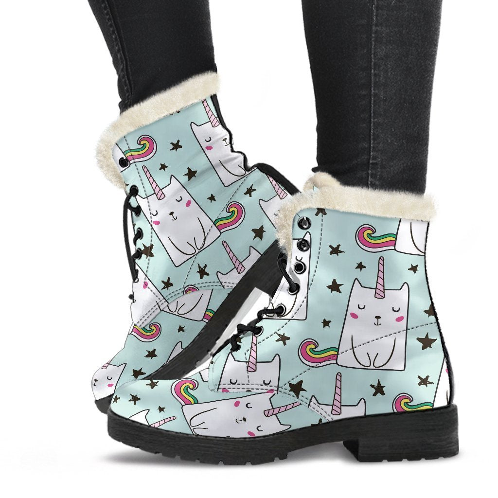 Cute Unicorn Cat Pattern Print Faux Fur Leather Boots