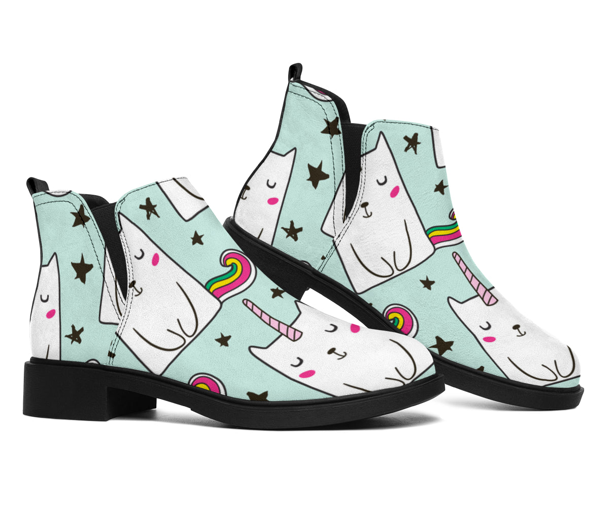 Cute Unicorn Cat Pattern Print Flat Ankle Boots