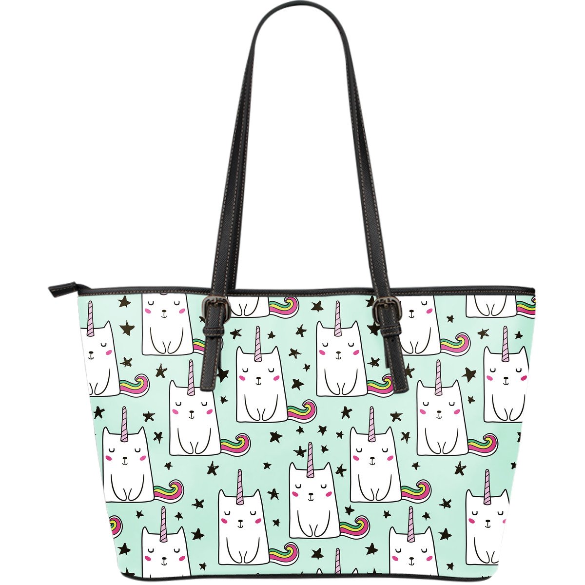 Cute Unicorn Cat Pattern Print Leather Tote Bag