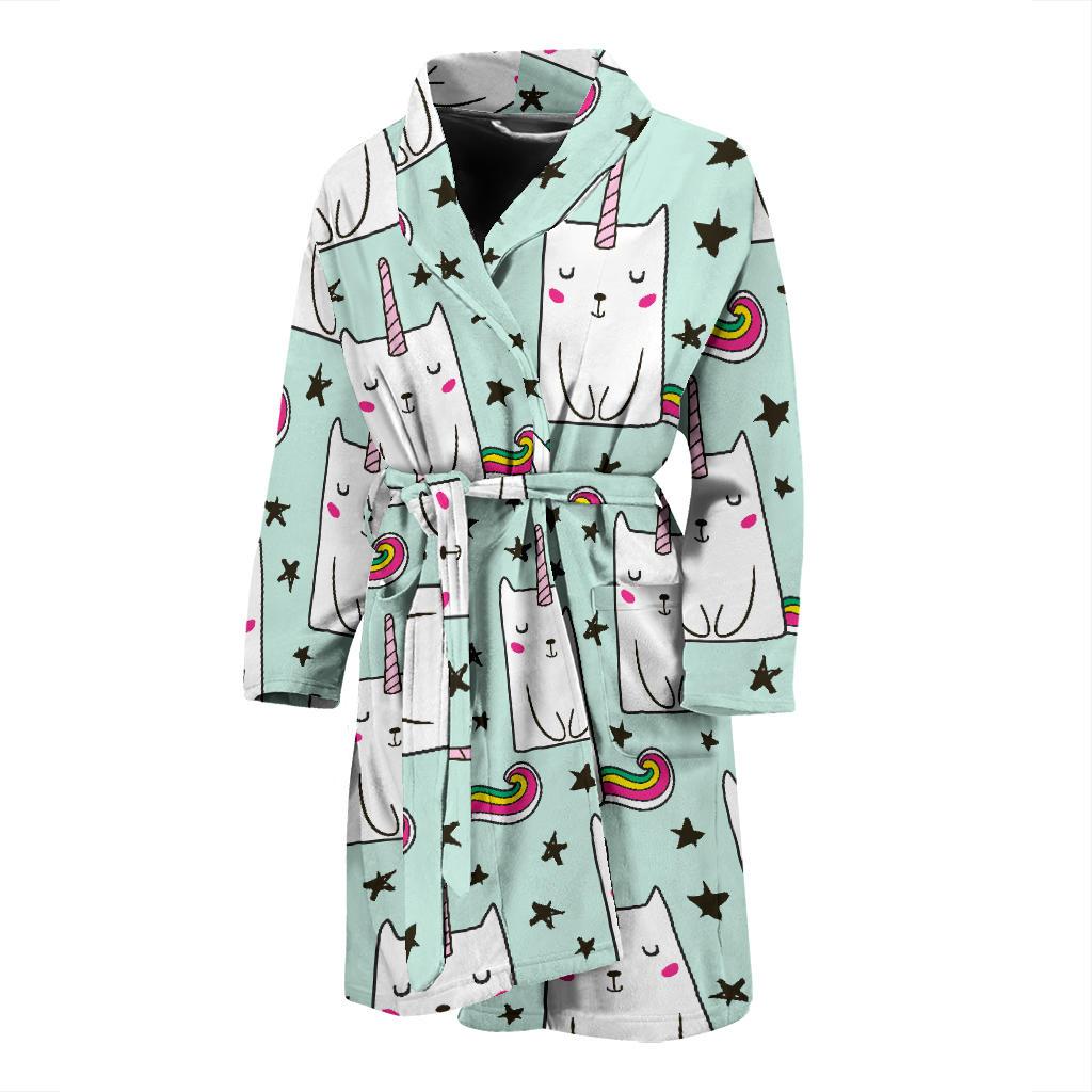 Cute Unicorn Cat Pattern Print Men's Bathrobe