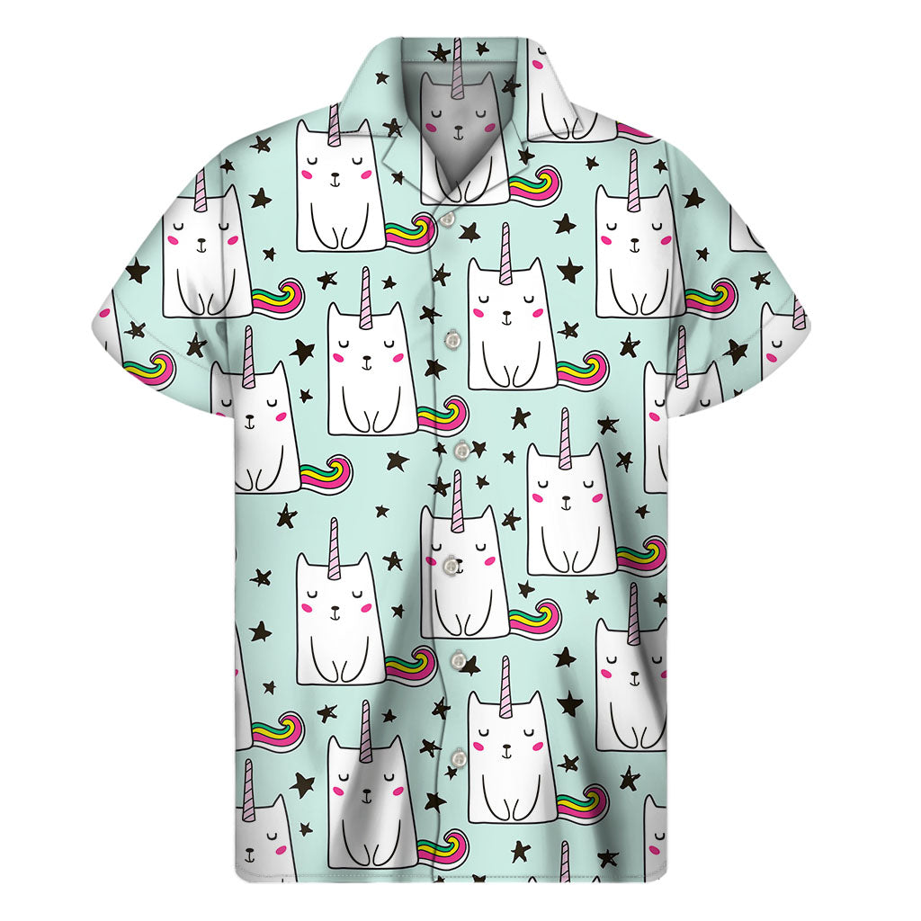 Cute Unicorn Cat Pattern Print Men's Short Sleeve Shirt