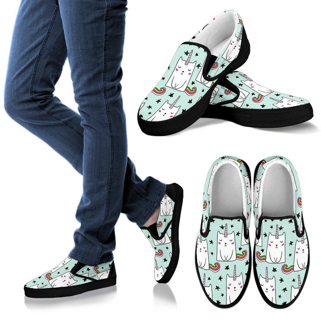 Cute Unicorn Cat Pattern Print Men's Slip On Shoes