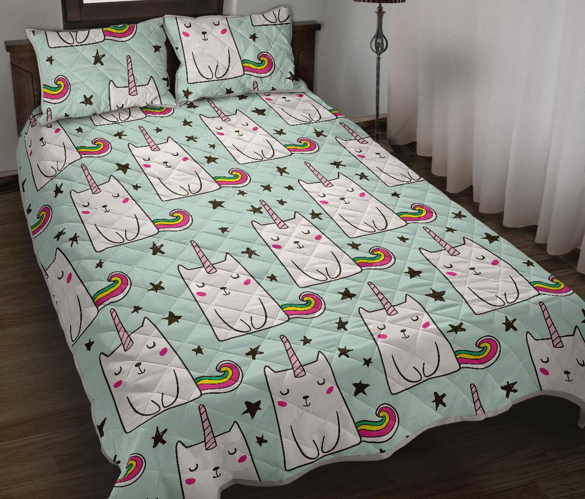 Cute Unicorn Cat Pattern Print Quilt Bed Set