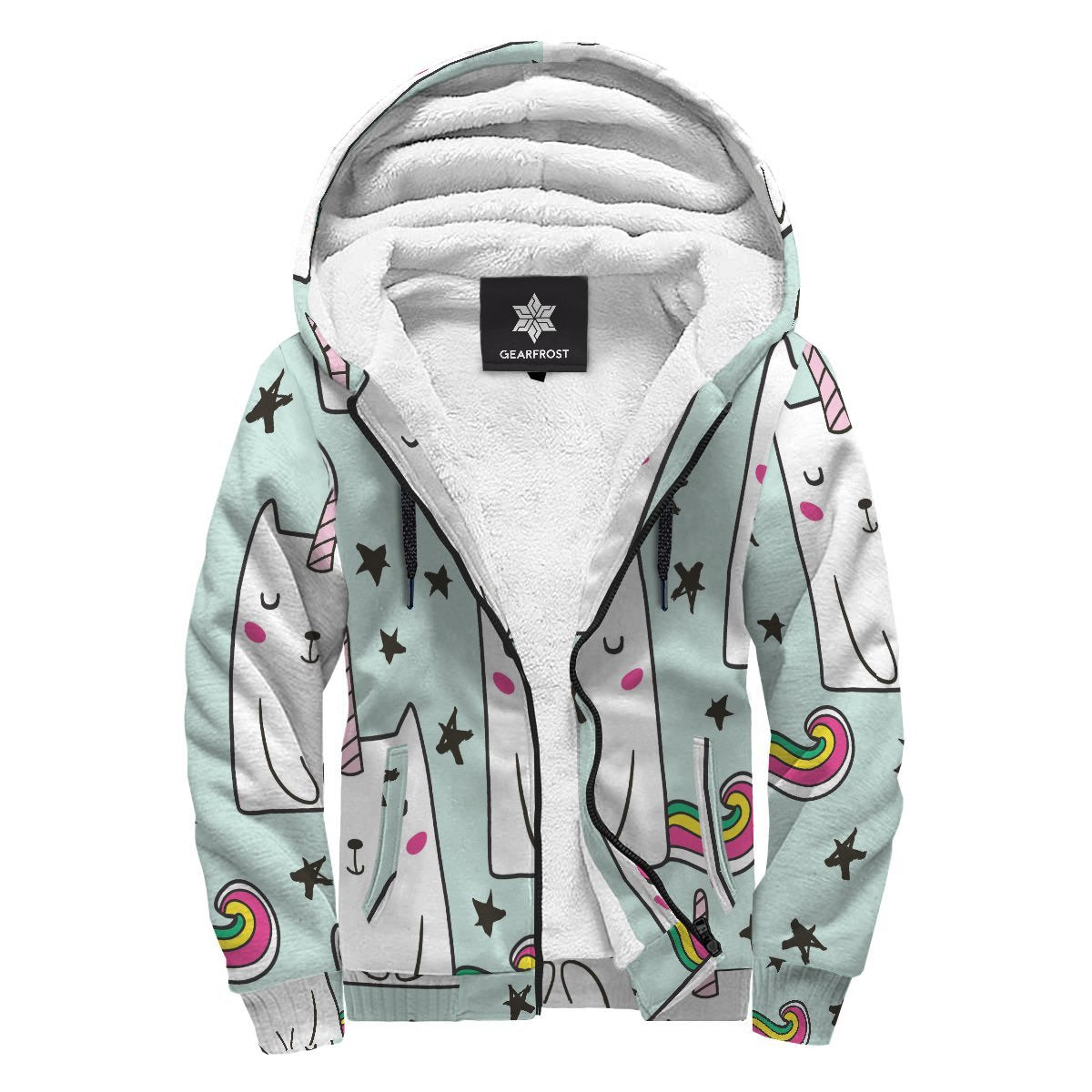 Cute Unicorn Cat Pattern Print Sherpa Lined Fleece Hoodie