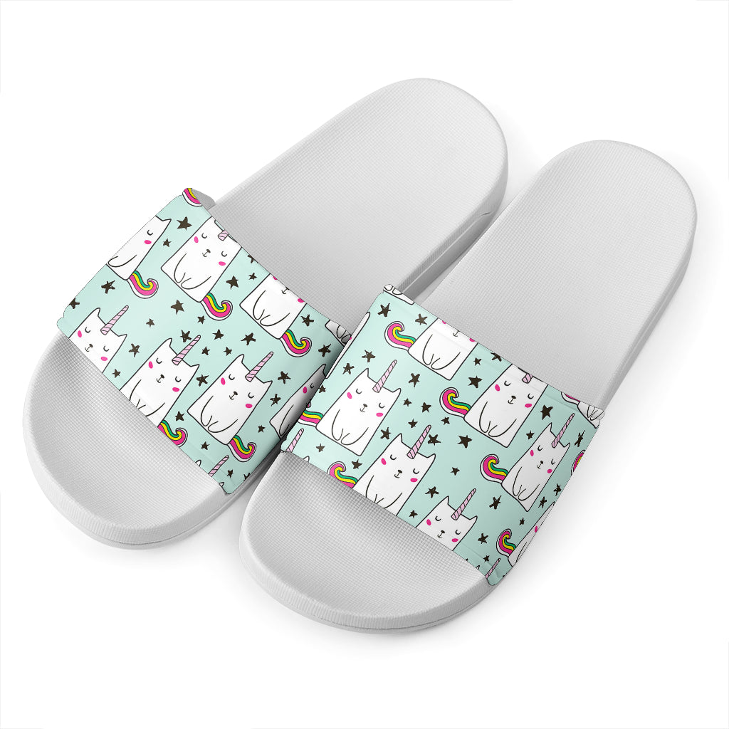 Cute Unicorn Cat Pattern Print White Slide Sandals