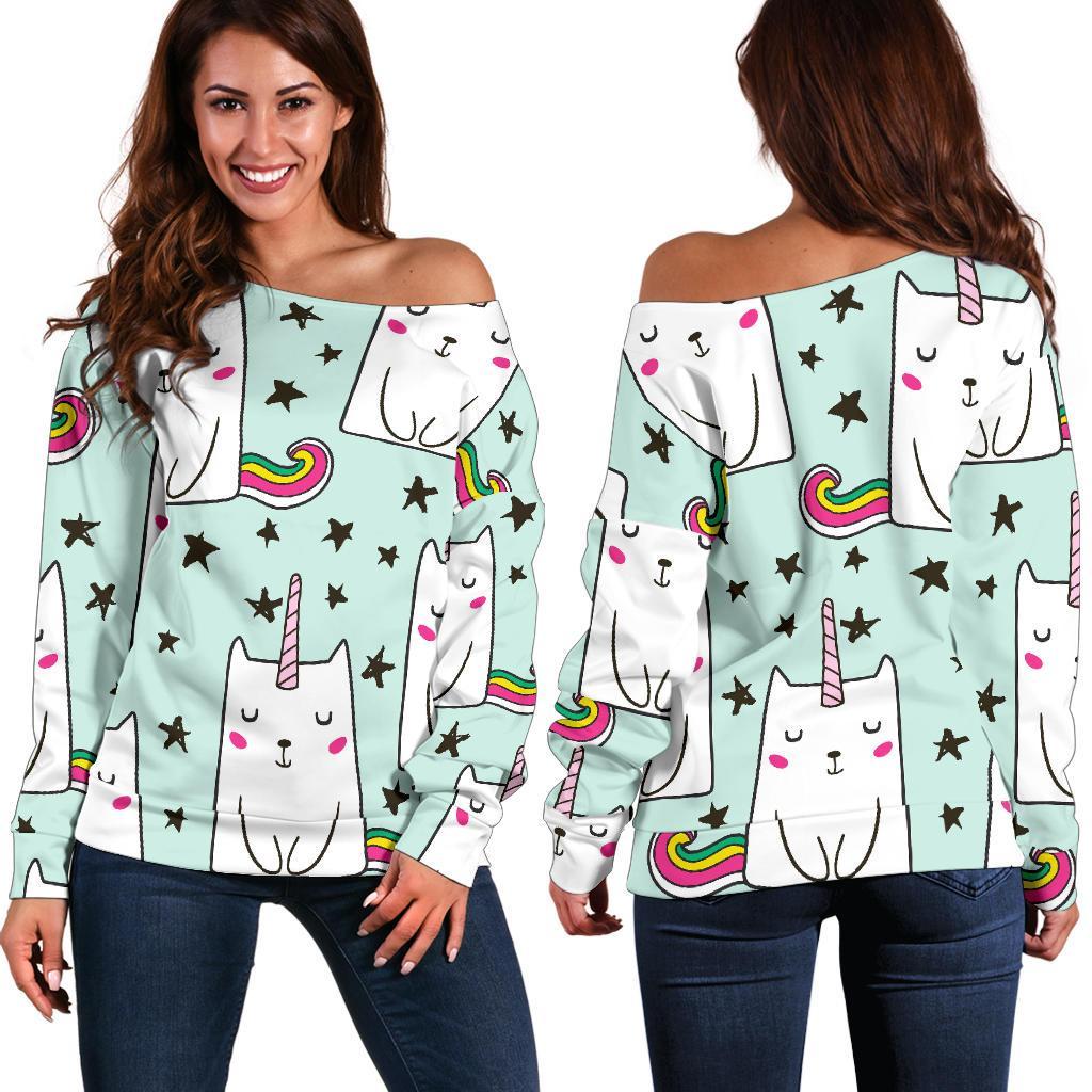 Cute Unicorn Cat Pattern Print Women's Off-Shoulder Sweatshirt