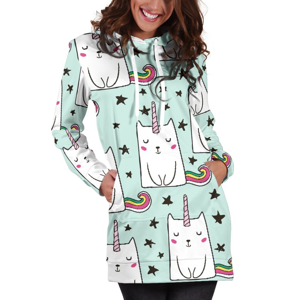 Cute Unicorn Cat Pattern Print Women's Pullover Hoodie Dress