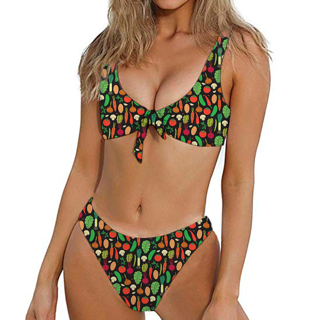 Cute Vegan Pattern Print Front Bow Tie Bikini
