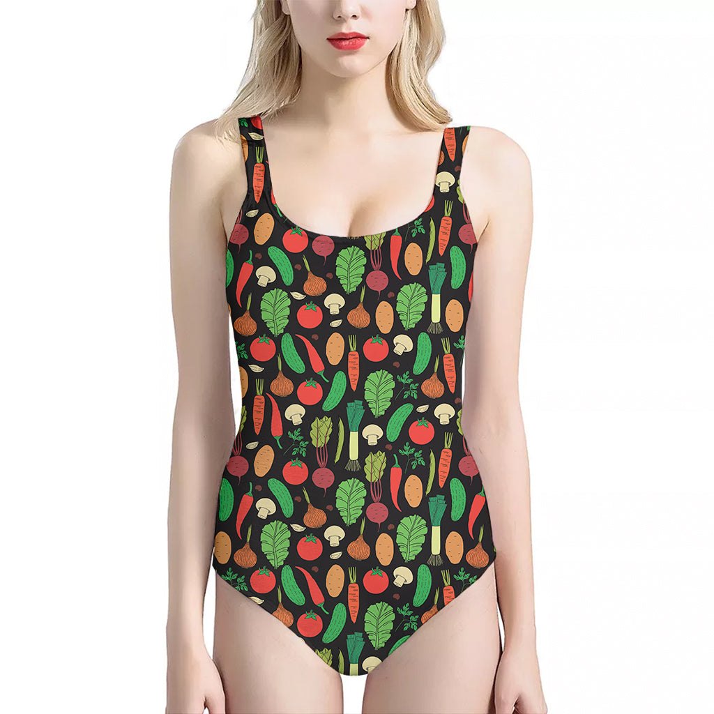 Cute Vegan Pattern Print One Piece Halter Neck Swimsuit