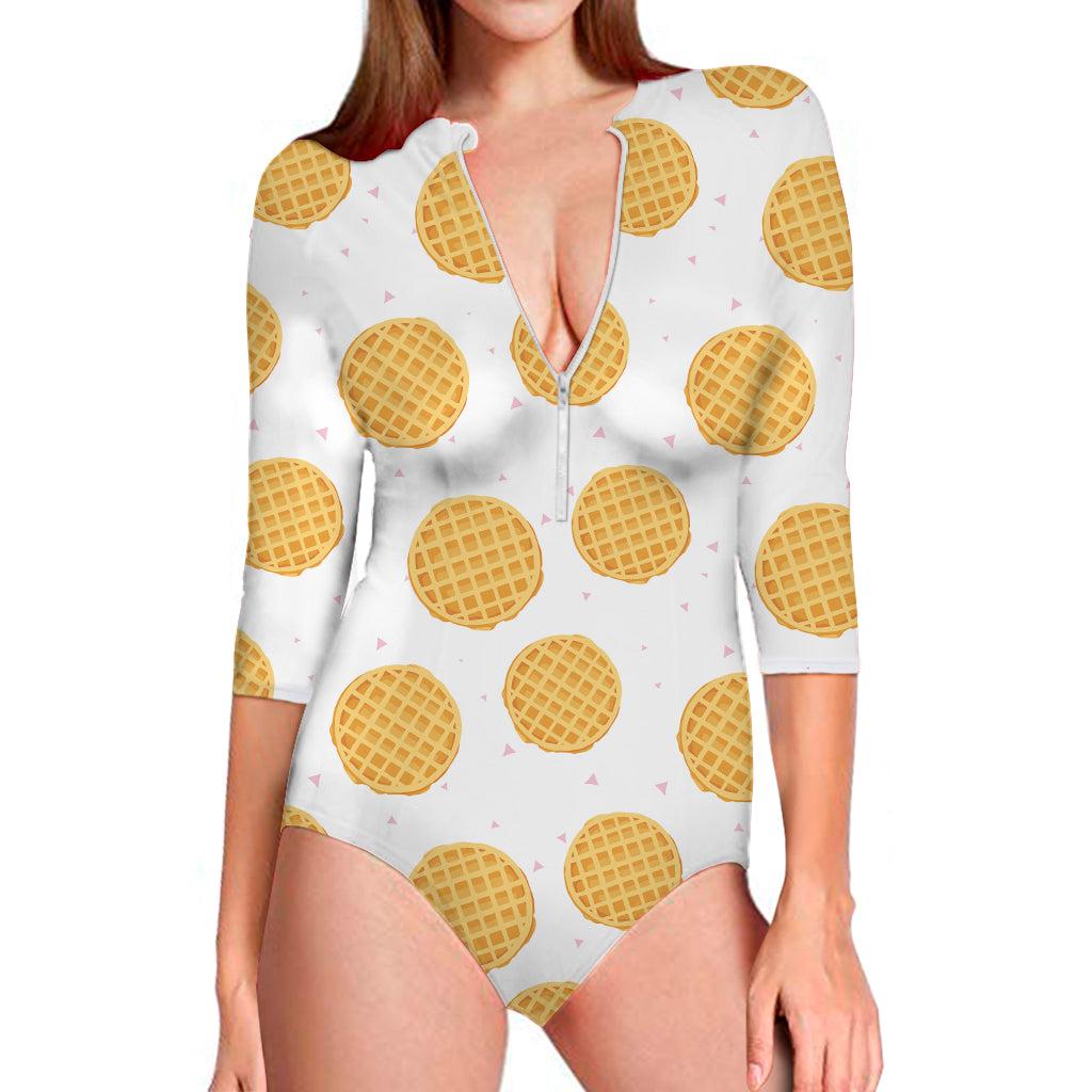 Cute Waffle Pattern Print Long Sleeve One Piece Swimsuit