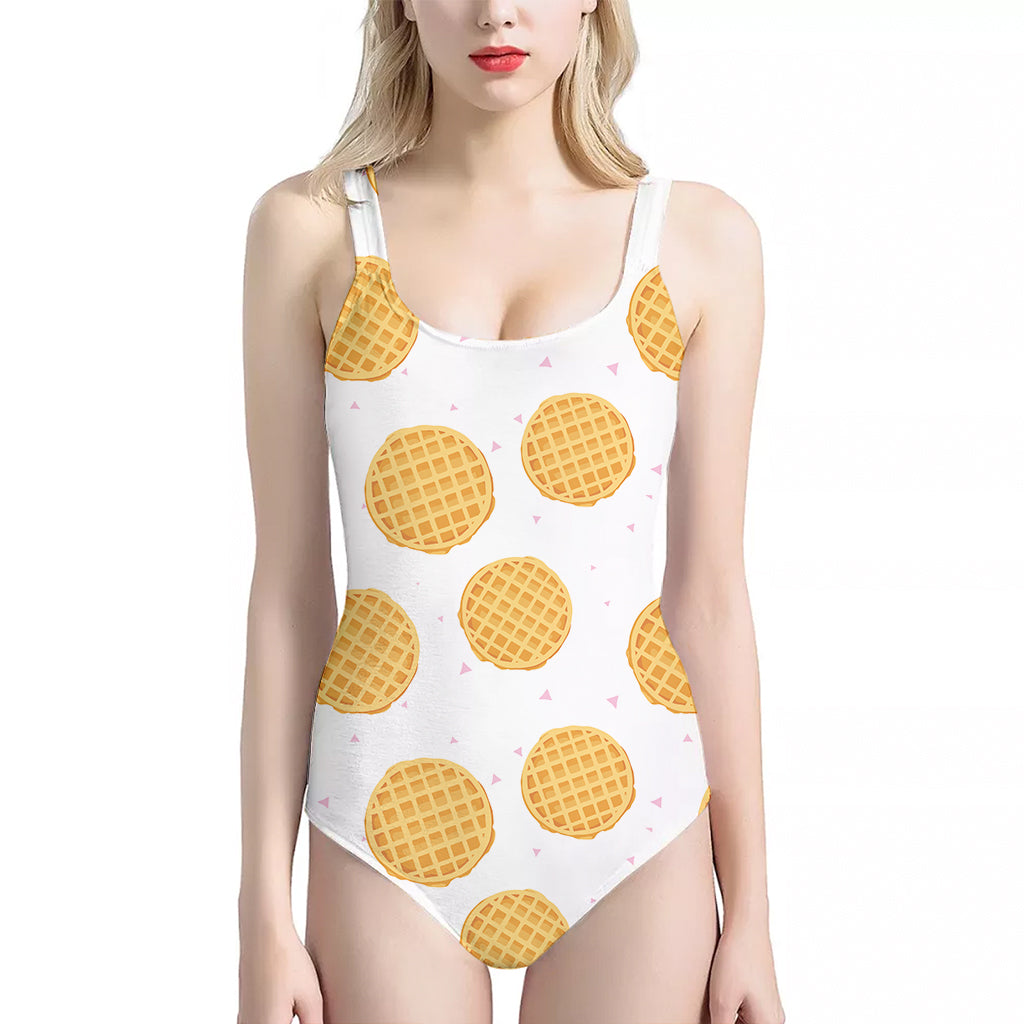 Cute Waffle Pattern Print One Piece Halter Neck Swimsuit