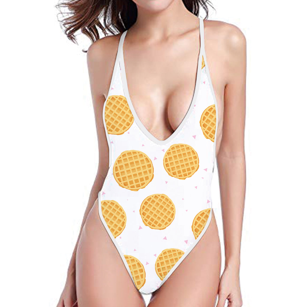 Cute Waffle Pattern Print One Piece High Cut Swimsuit