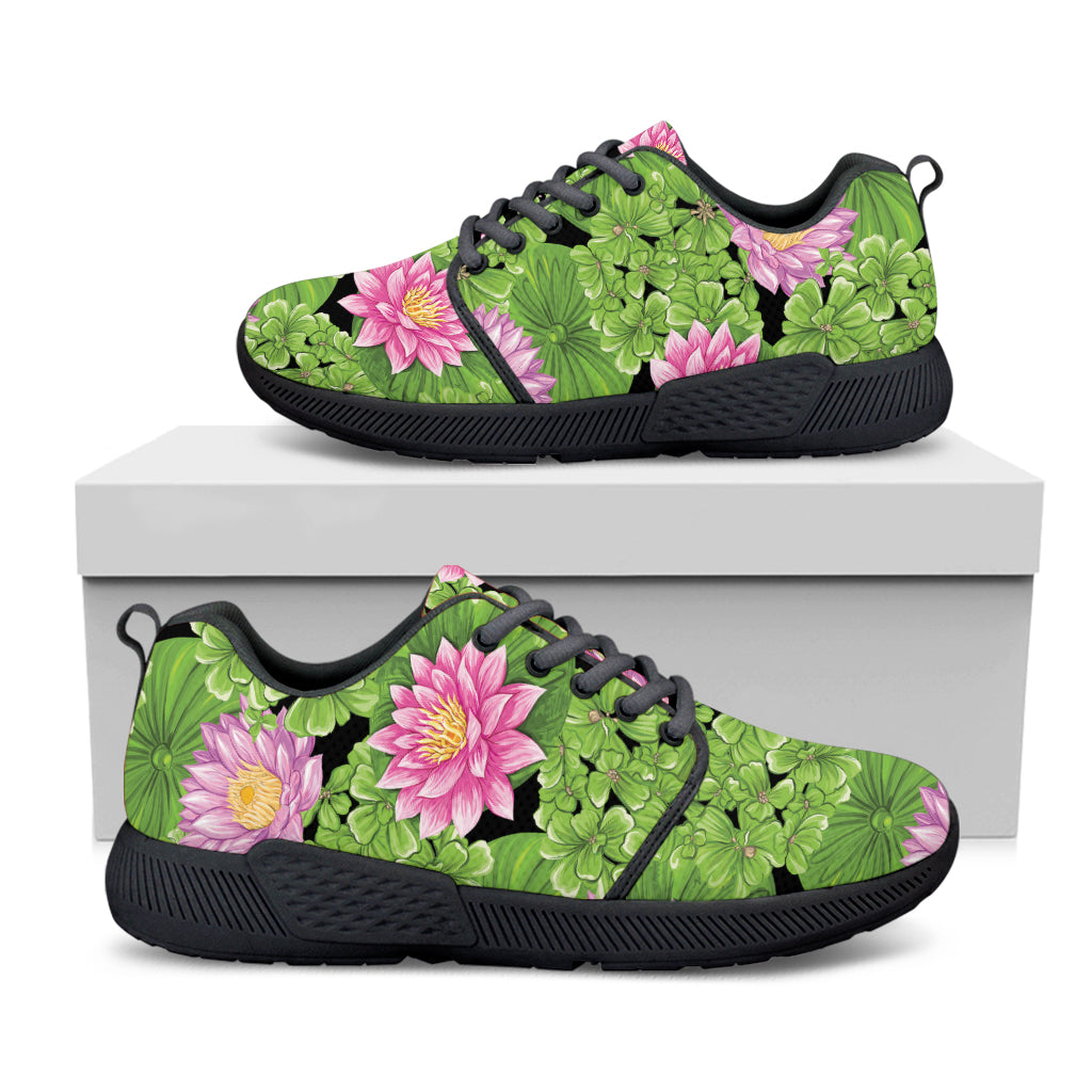 Cute Water Lily Pattern Print Black Athletic Shoes