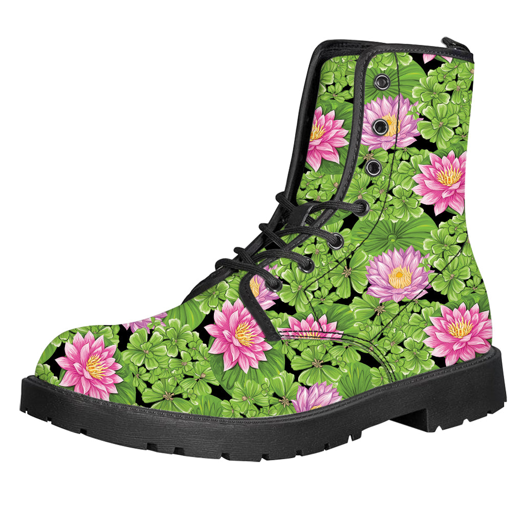 Cute Water Lily Pattern Print Leather Boots