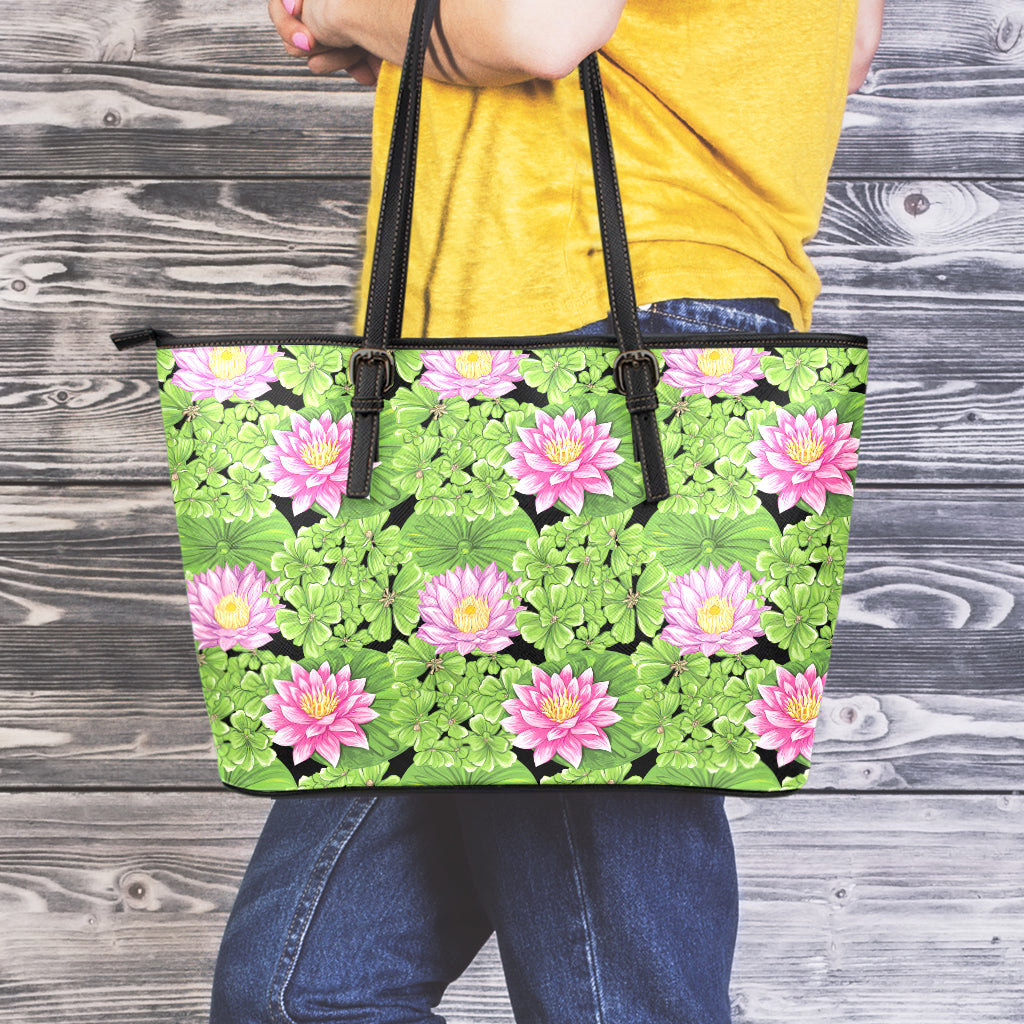 Cute Water Lily Pattern Print Leather Tote Bag