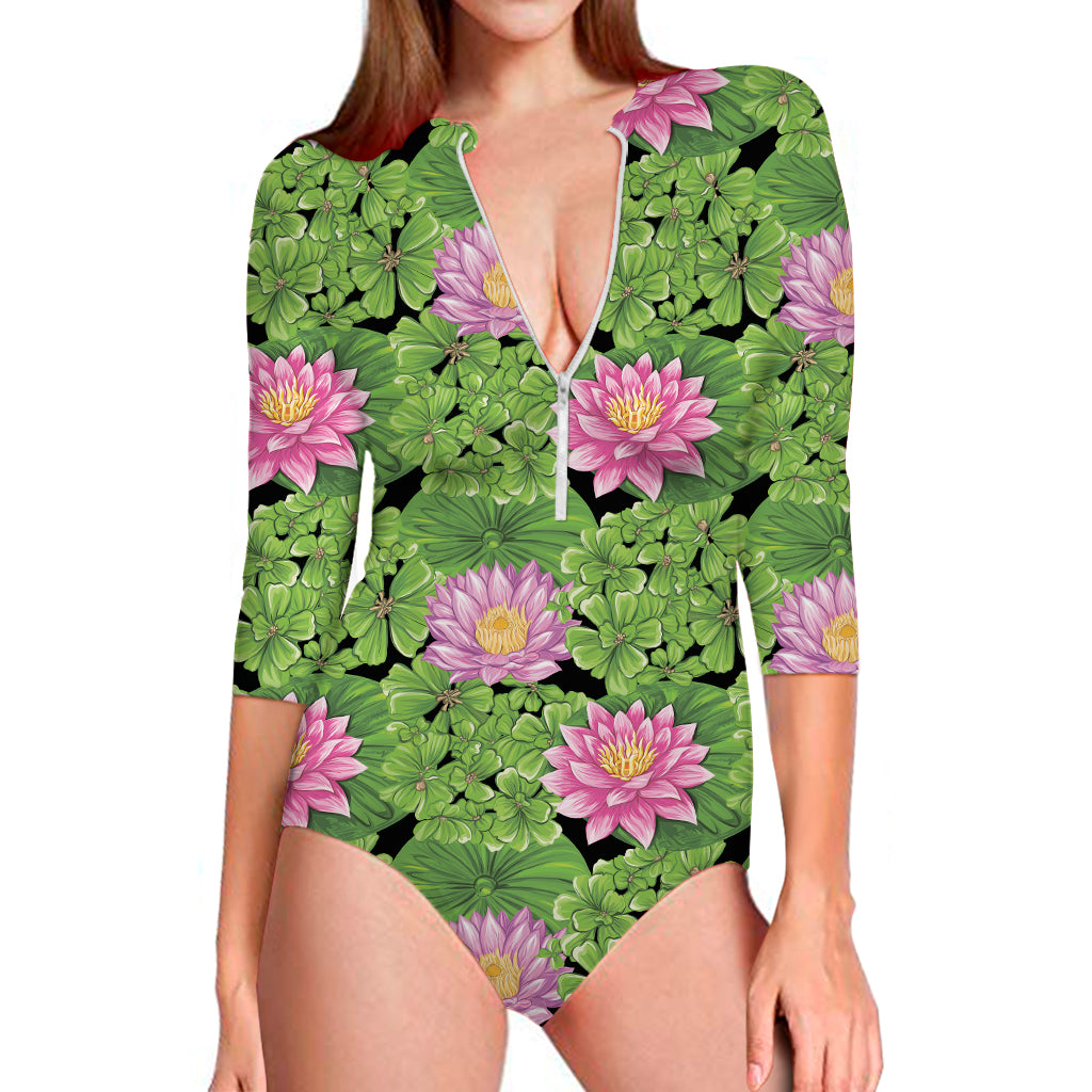 Cute Water Lily Pattern Print Long Sleeve One Piece Swimsuit