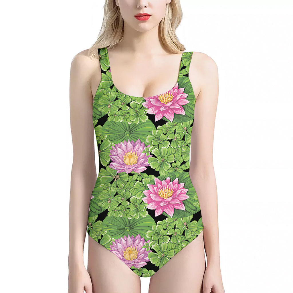 Cute Water Lily Pattern Print One Piece Halter Neck Swimsuit