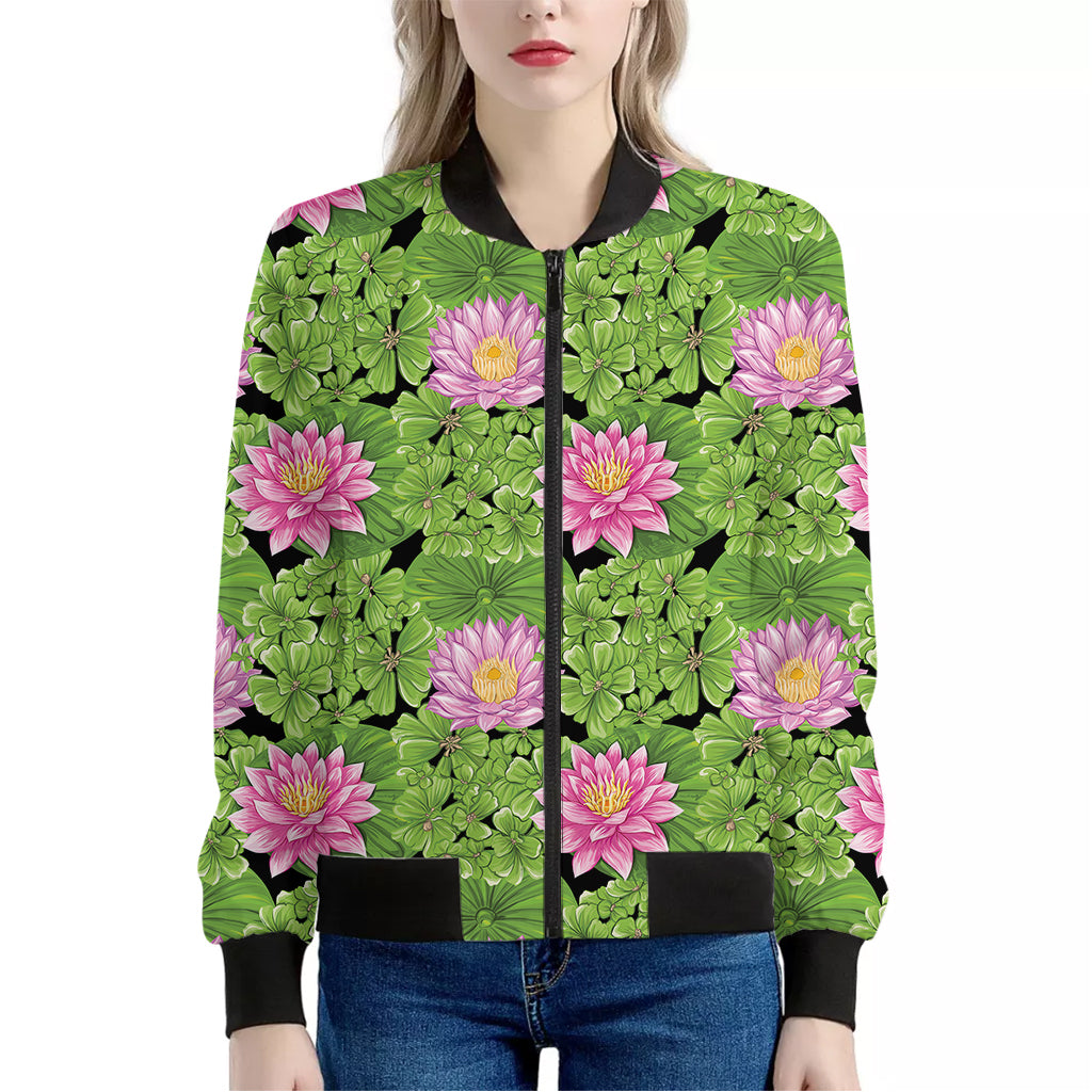 Cute Water Lily Pattern Print Women's Bomber Jacket